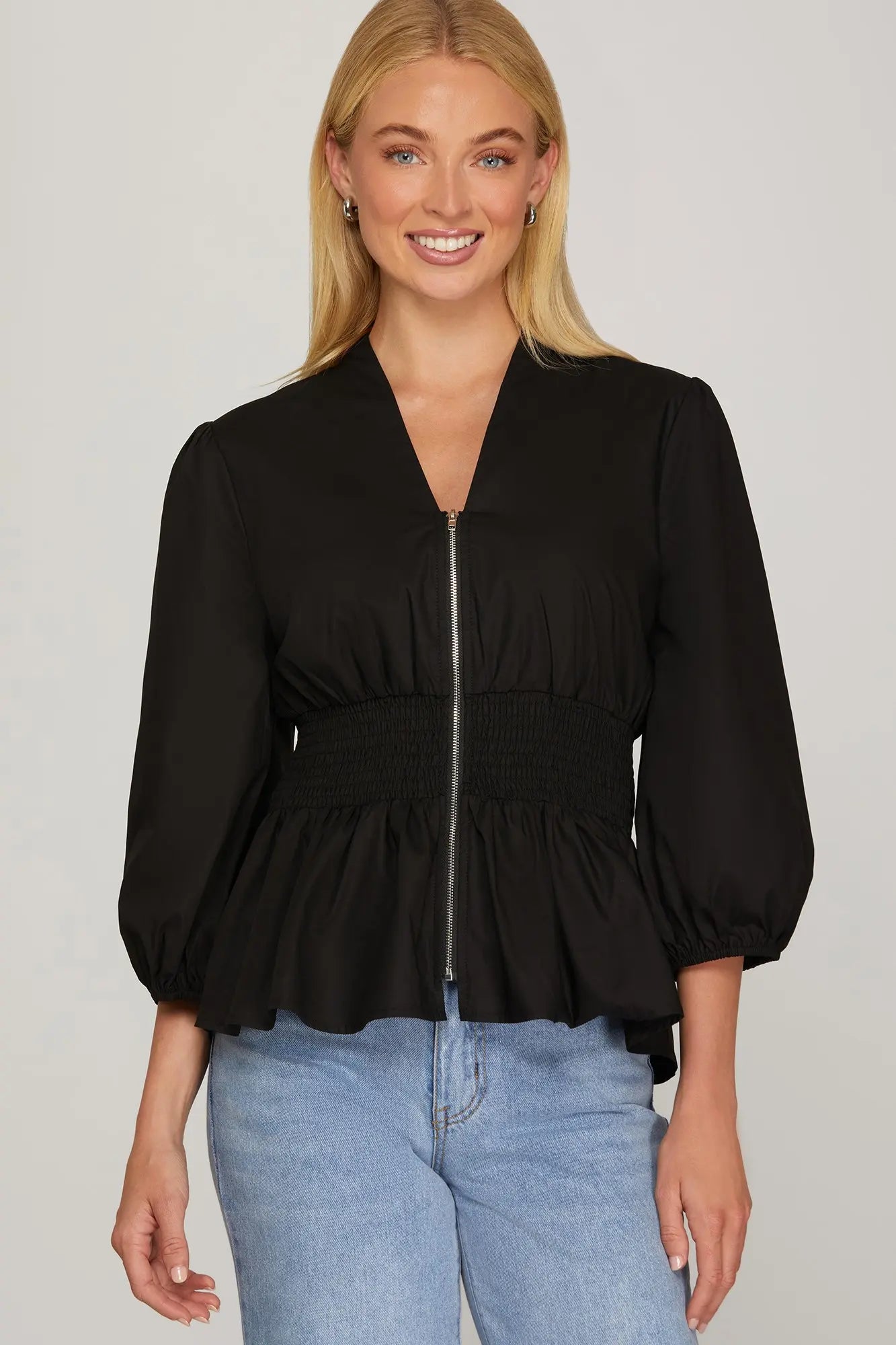 BLACK 3/4 SLEEVE SMOCKED WAIST FRONT ZIP TOP image 0