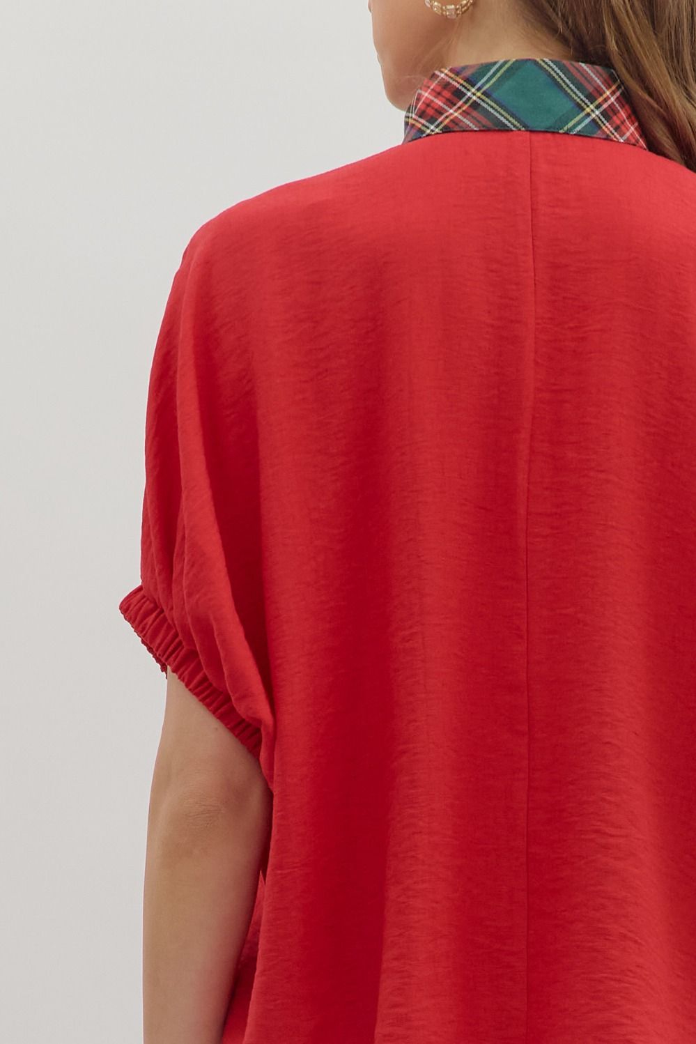 Red Dolman Top Featuring Plaid Band Accent image 6