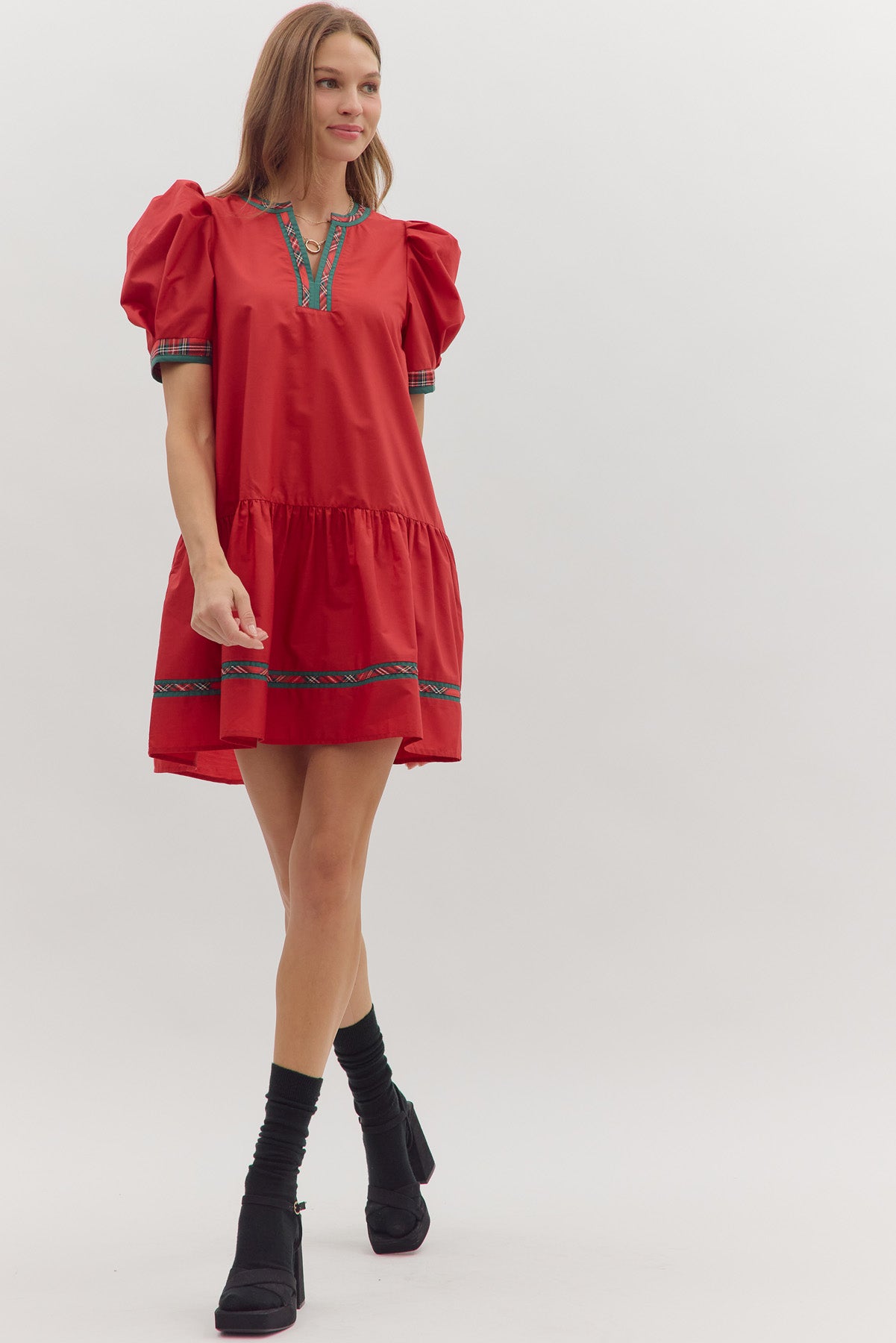 Red Mini with Plaid Vneck Trip image 1