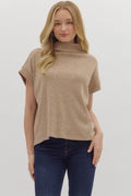 Taupe Solid SS Mock Neck Top Rolled Cuffs image 0