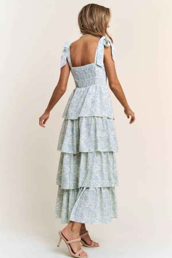 Blue Floral Tiered Midi Dress with Tie Straps