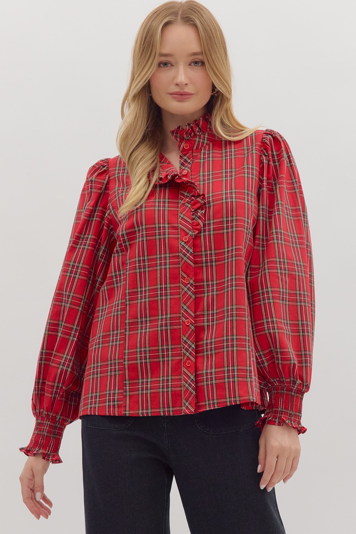RED PLAID MOCK NECK LONG SLEEVE TOP image 0