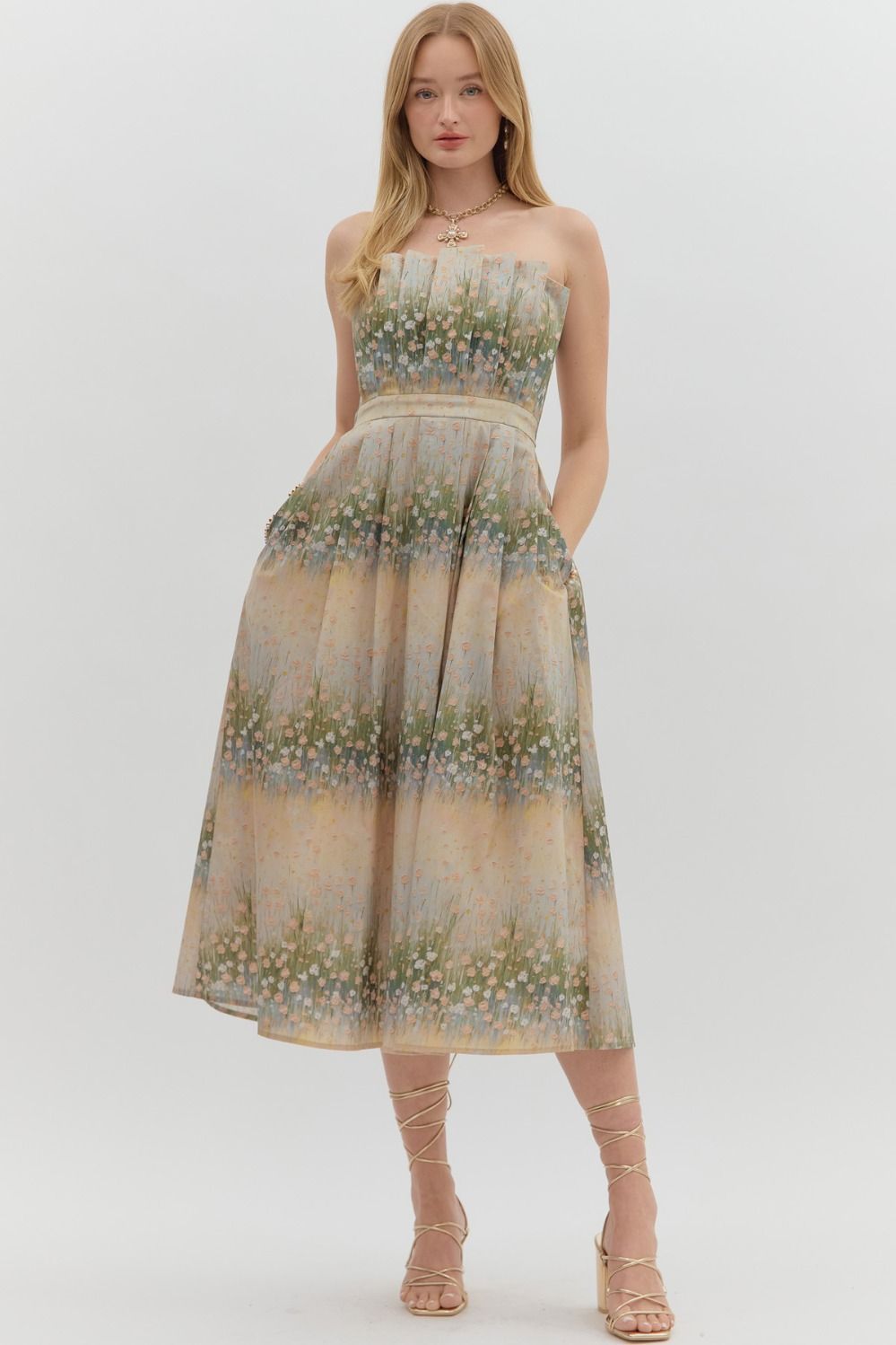 Neutral garden floral print strapless dress image 2