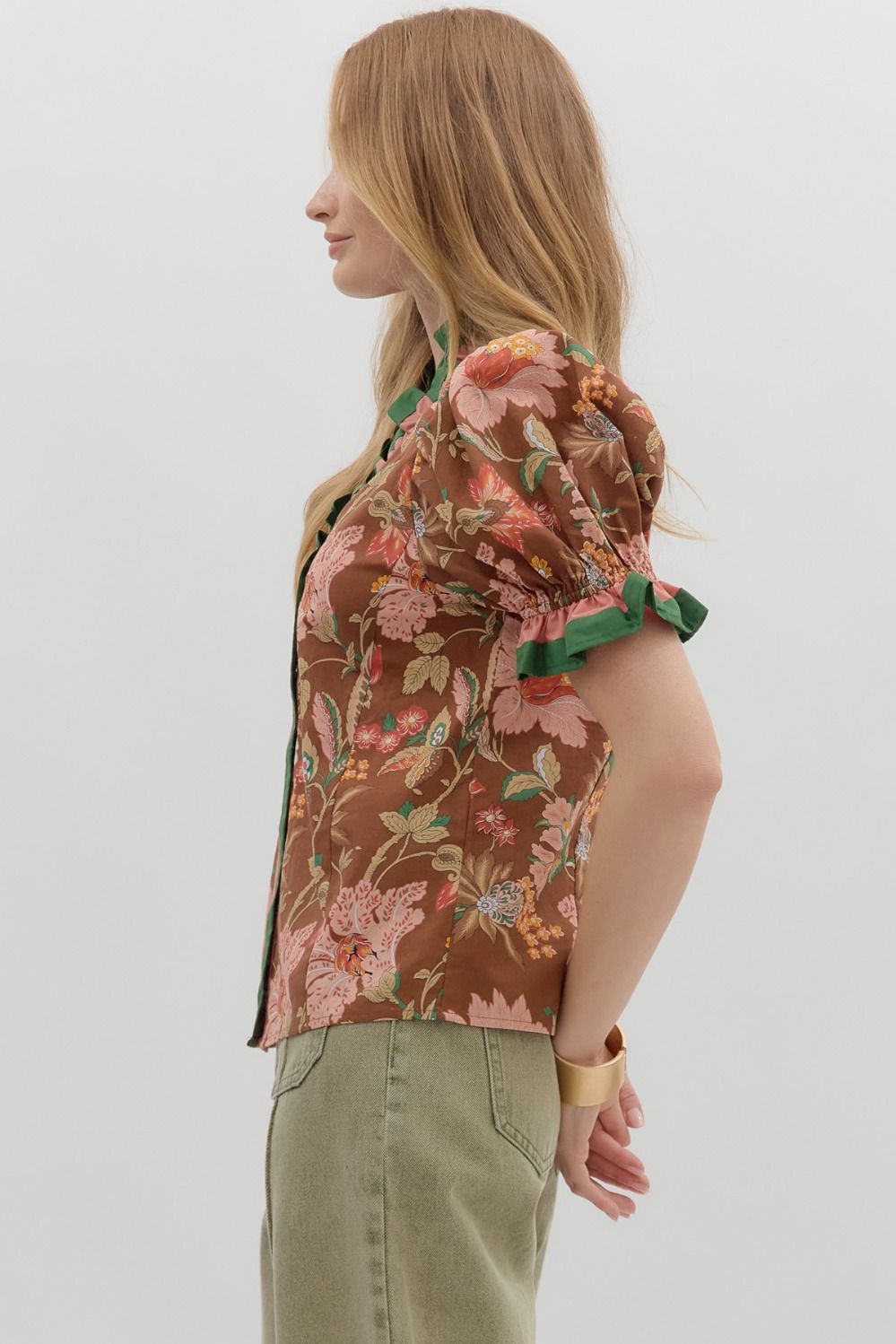 Brown& Pink Floral Ruffle Band Top image 4