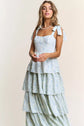 Blue Floral Tiered Midi Dress with Tie Straps