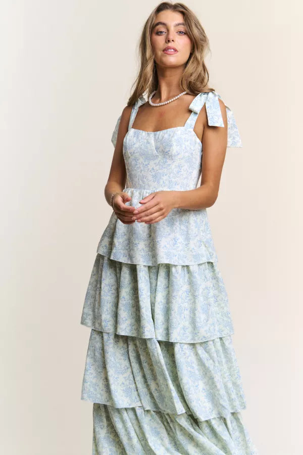 Blue Floral Tiered Midi Dress with Tie Straps