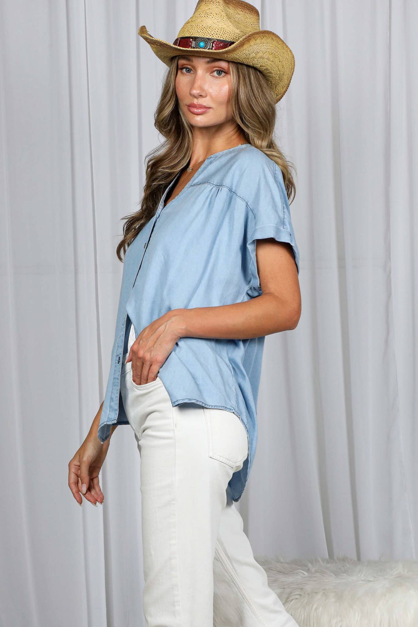 V Neck Collared  Tencel Chambray Shirt