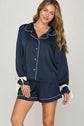 NAVY LONG SLEEVE TOP AND SHORTS PAJAMA SET WITH SLEEVE TIES image 2