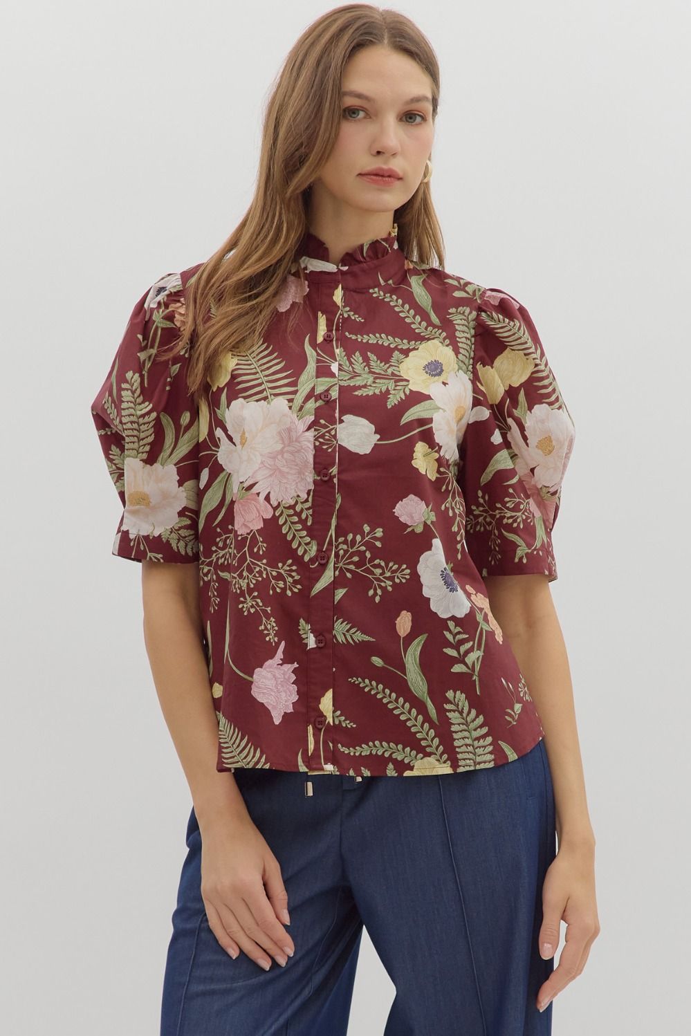 Merlot Floral Ruffled Neck Top image 0