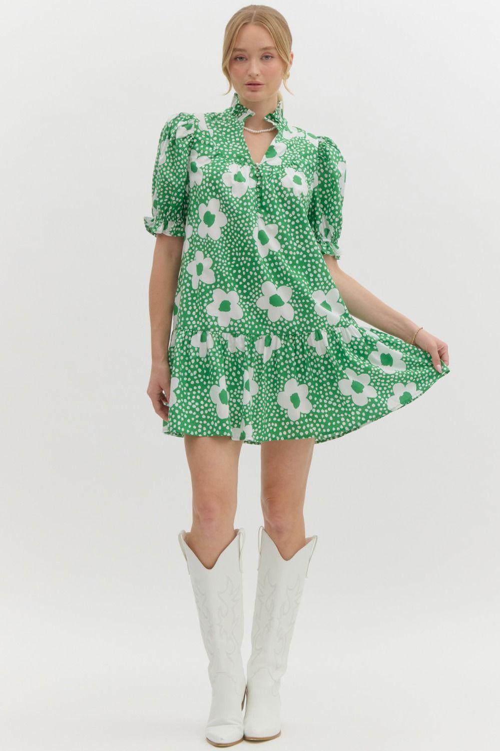Green with White Flowers Mini Dress image 1