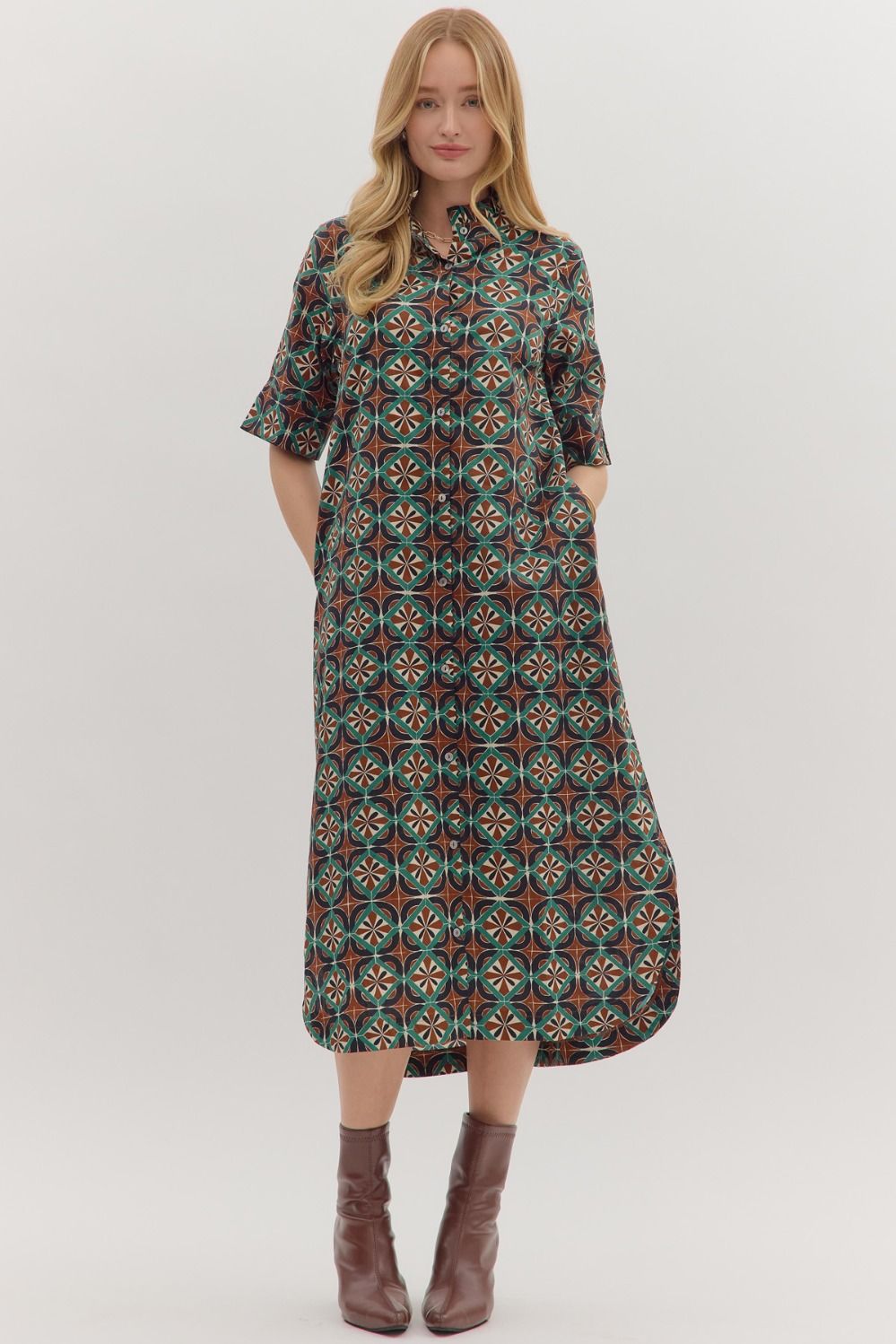 Brown/Teal Geometric Print SS Midi image 0