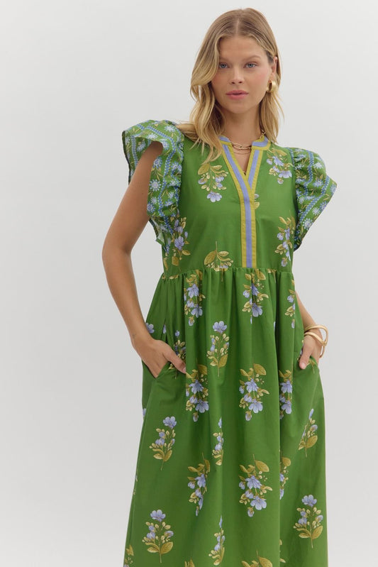 Green Flutter Sleeve Floral Midi image 1