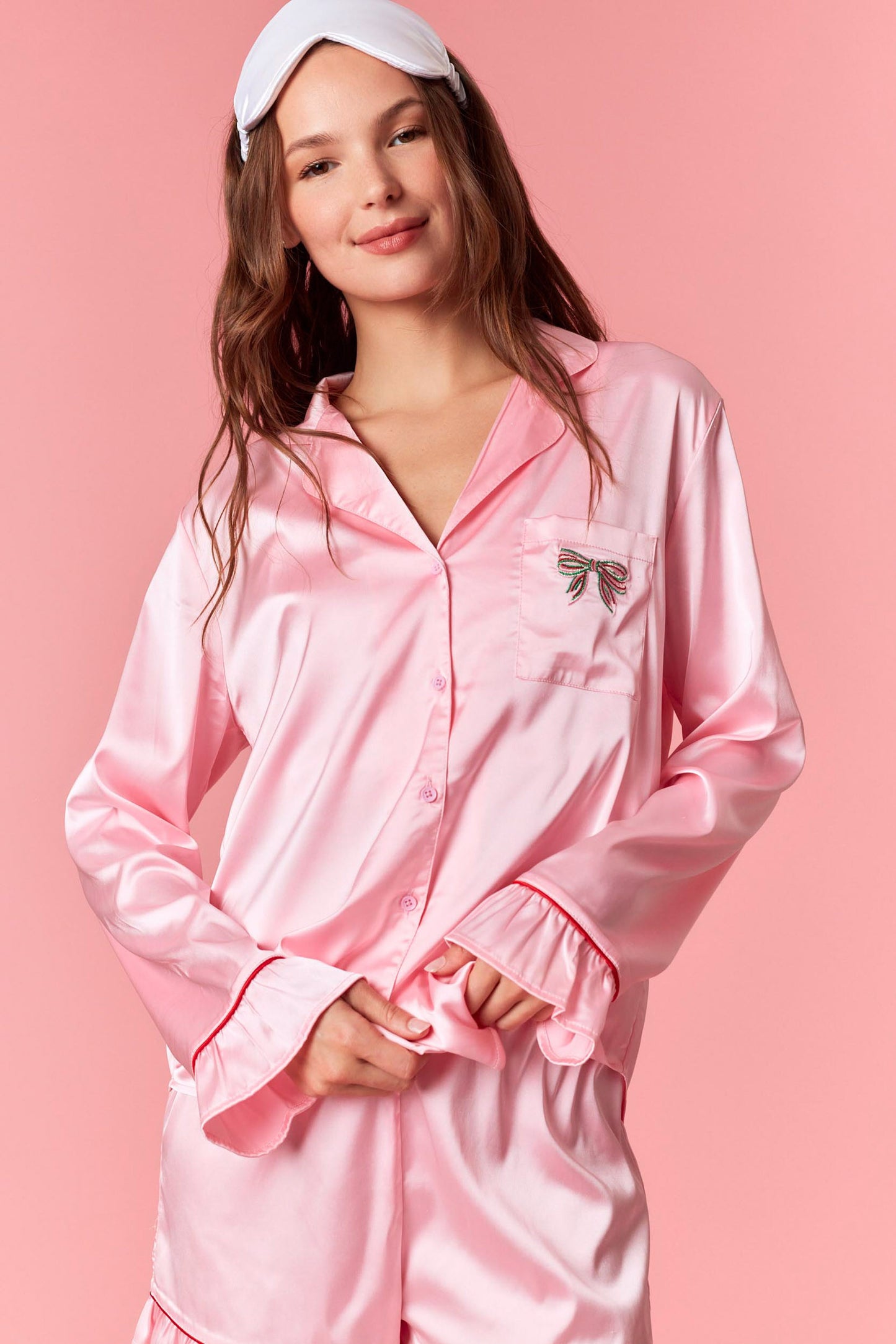 Pink Satin PJ Set with Bow on Pocket image 5