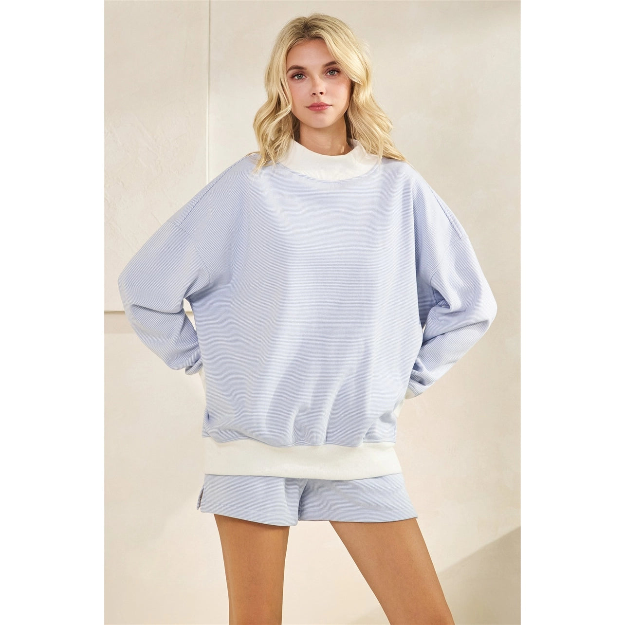 Blue Striped Mock Neck Sweatshirt and Short Set