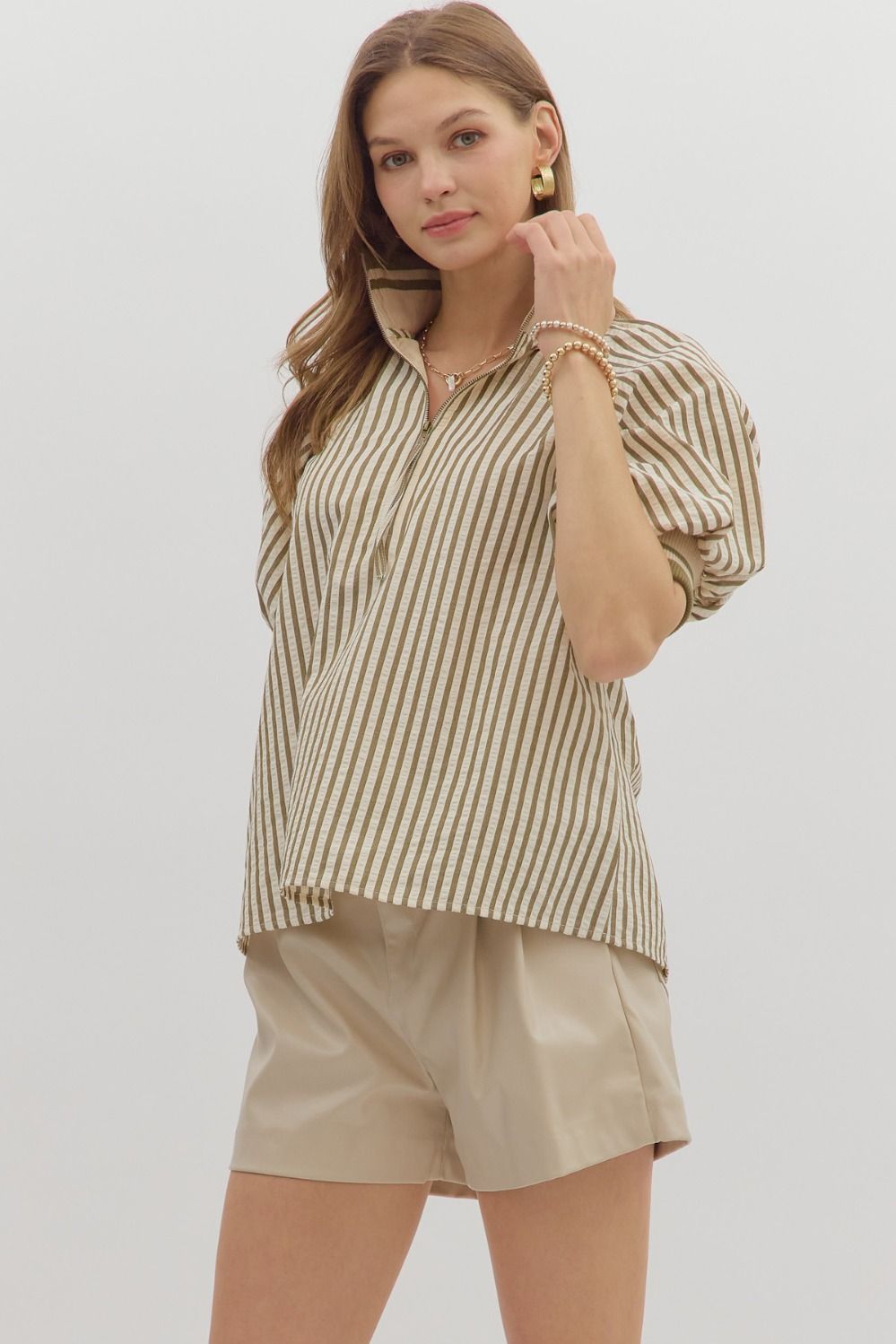 Olive Stripe Half Zip Pullover image 2