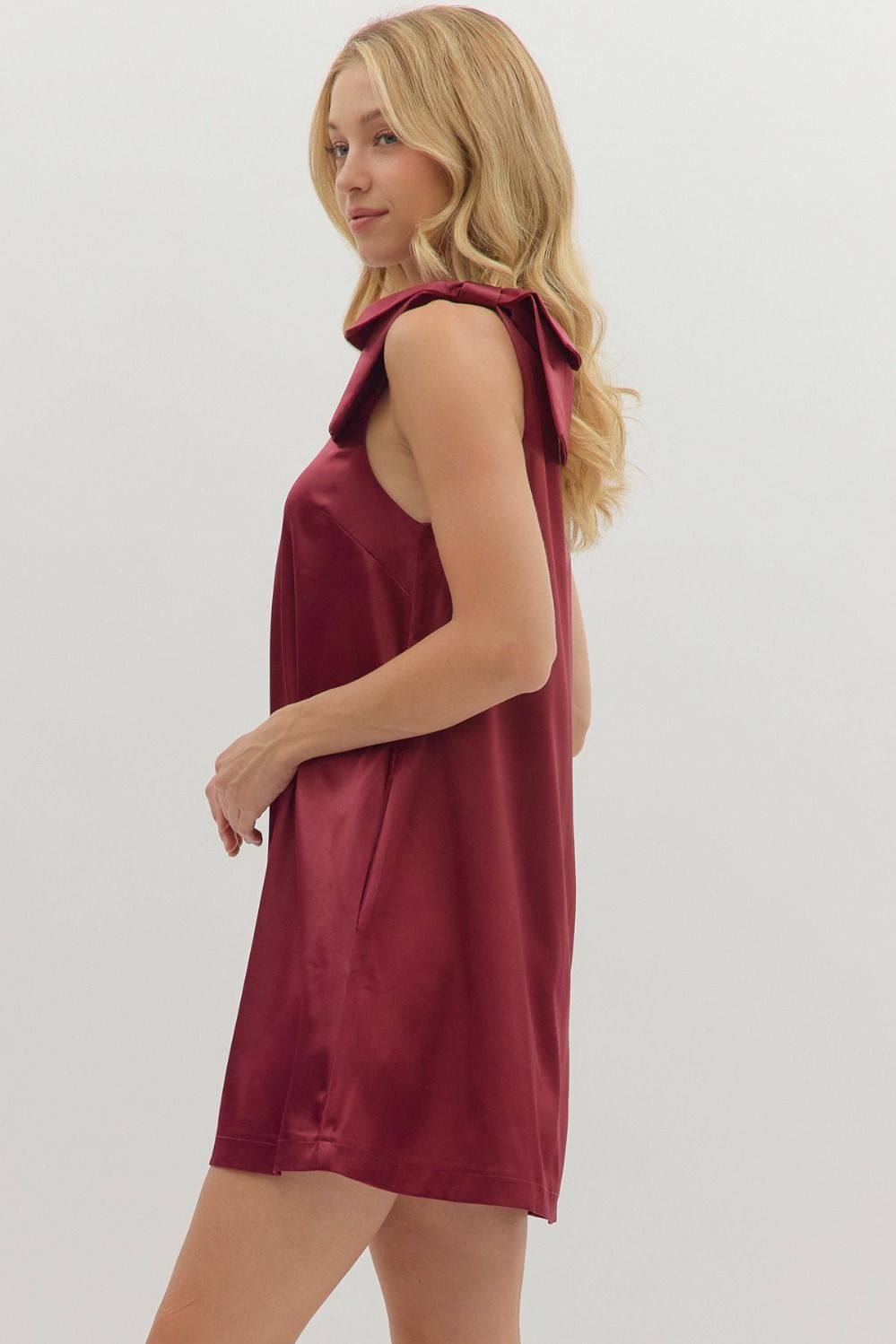 Burgundy Satin Sleeveless Bow Detail image 4