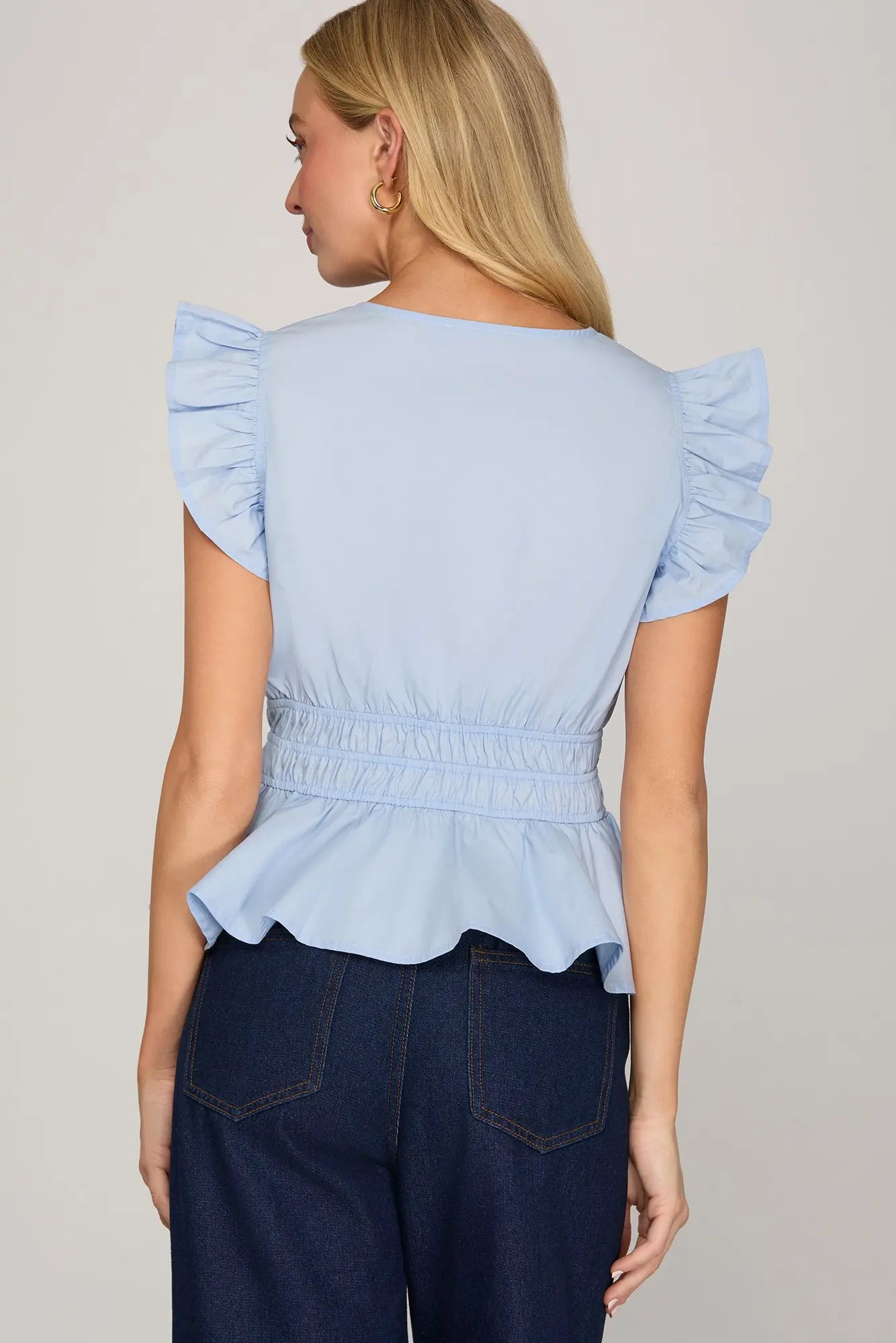 Ruffled sleeve v neck woven top with elastic waist band detail image 3