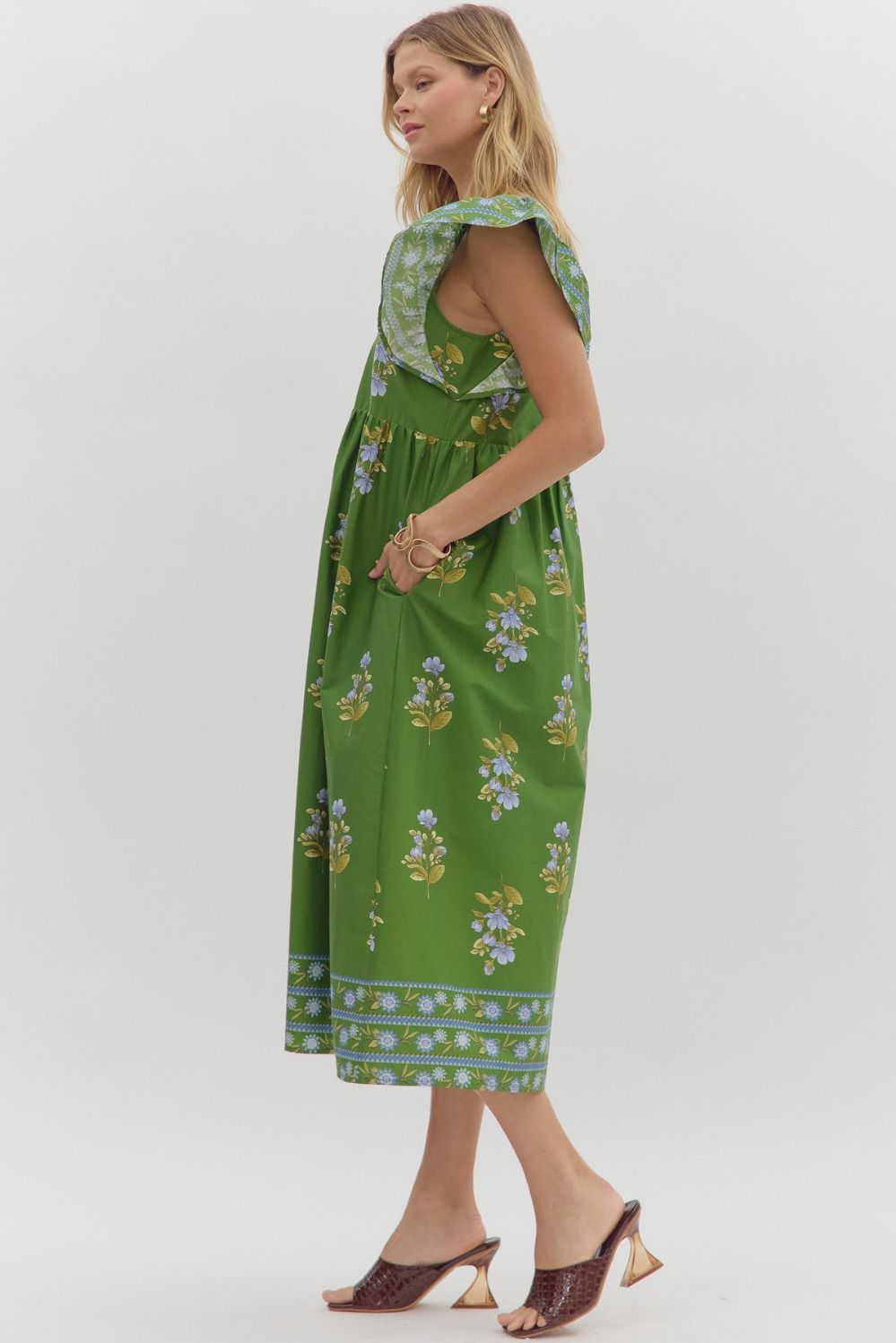 Green Flutter Sleeve Floral Midi image 4