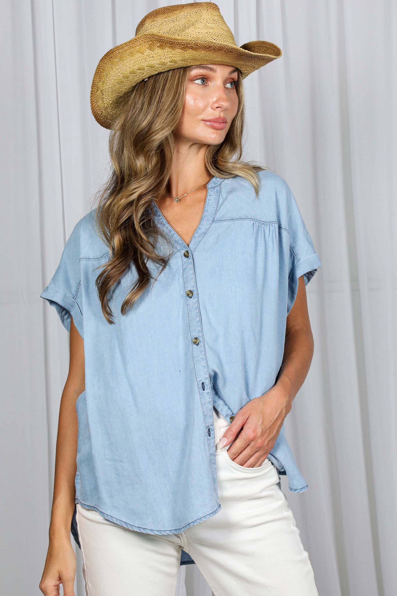 V Neck Collared  Tencel Chambray Shirt