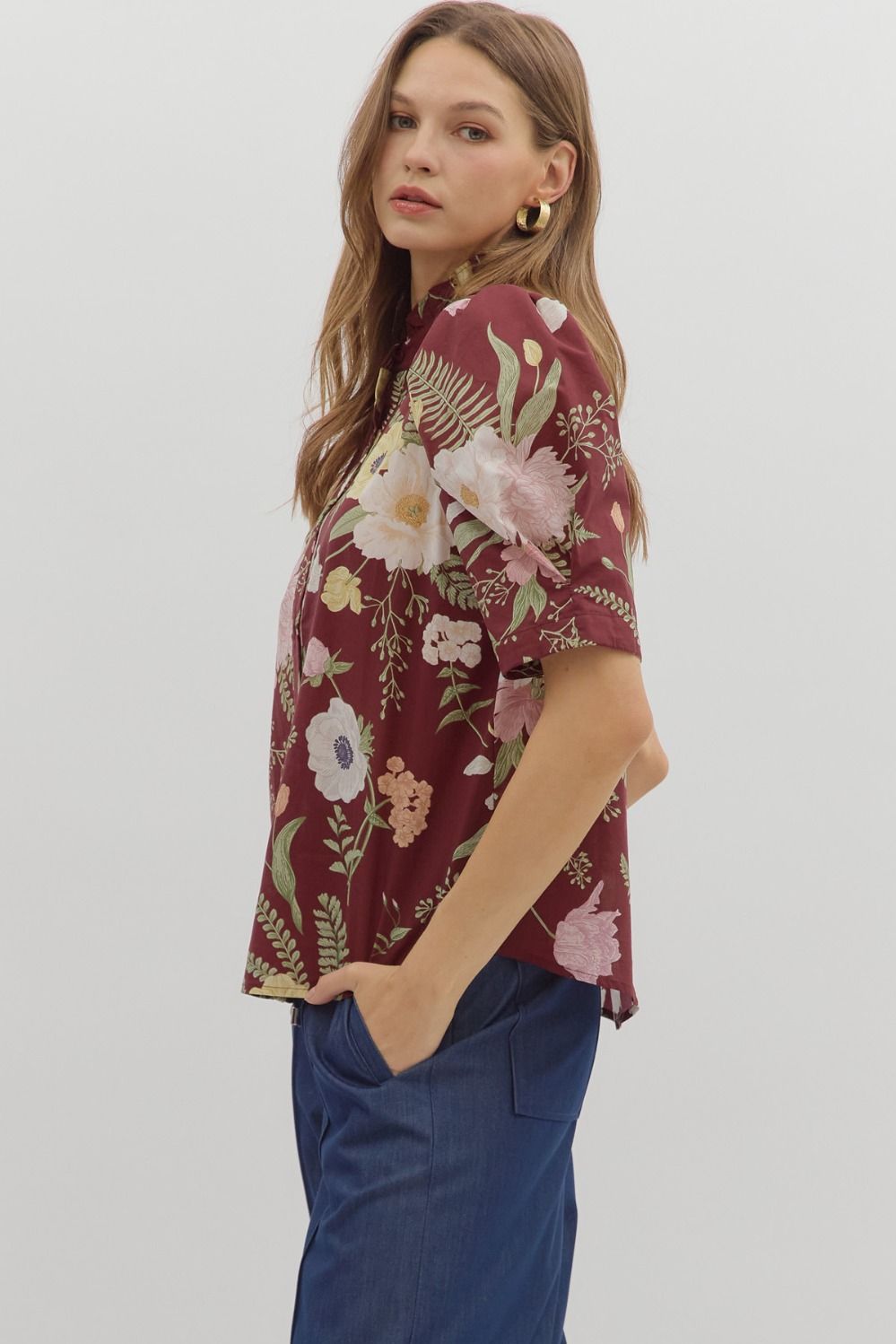 Merlot Floral Ruffled Neck Top image 3