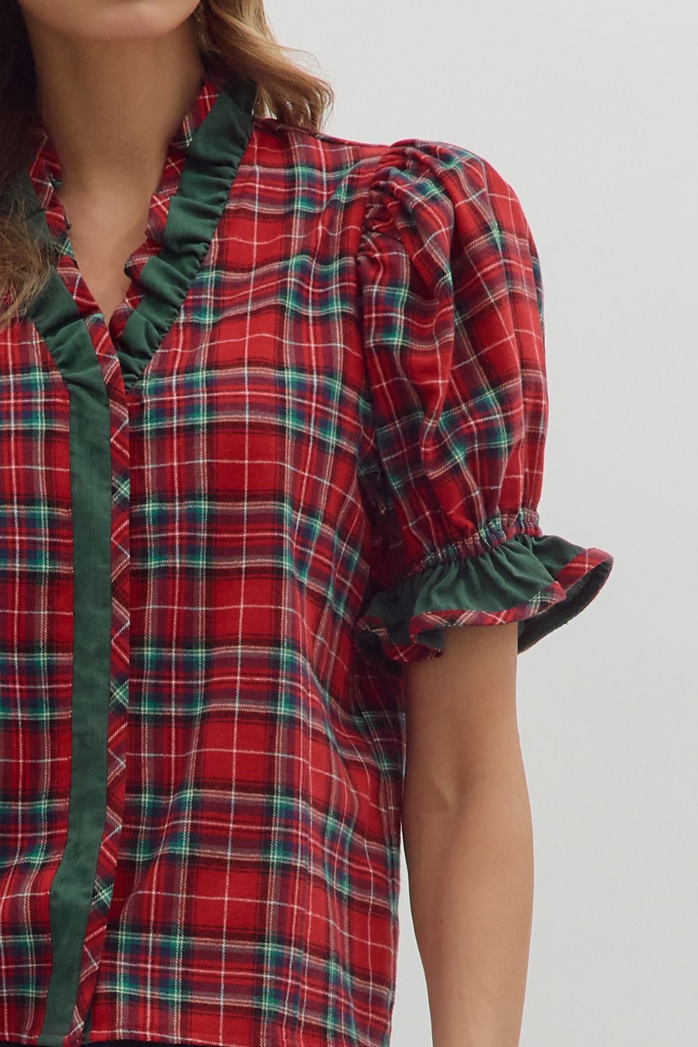Red Plaid Puff Sleeve Christmas Top image 2