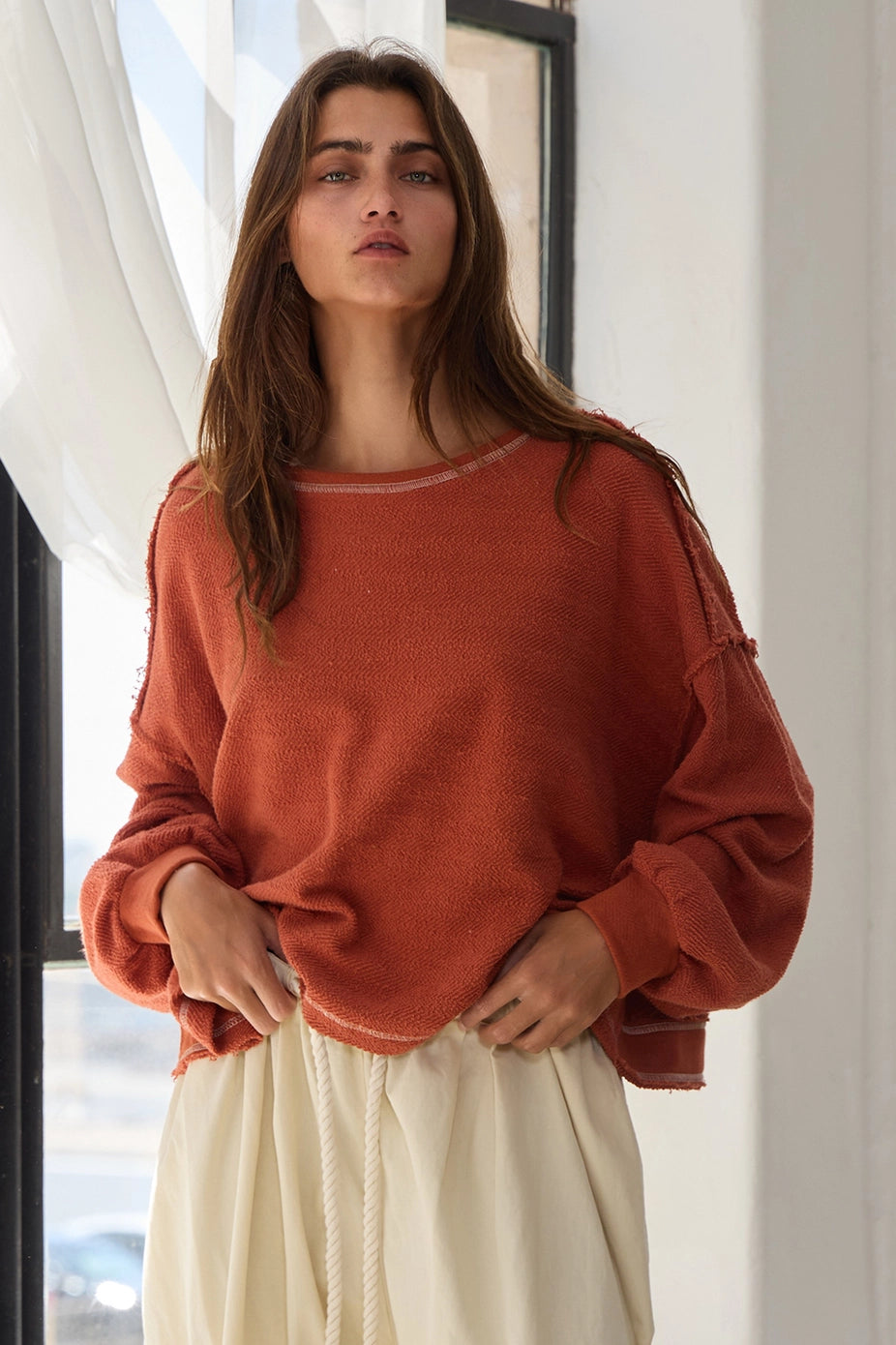RUST OVERLAP OPEN BACK OVERSIZED REVERSE STICH TOP image 3