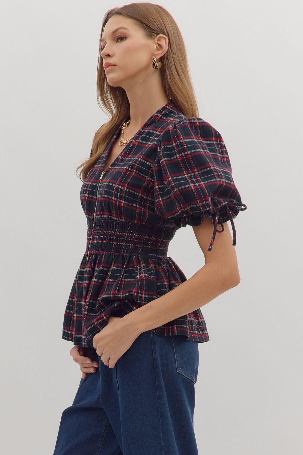 Navy Plaid Zip Front Top image 3