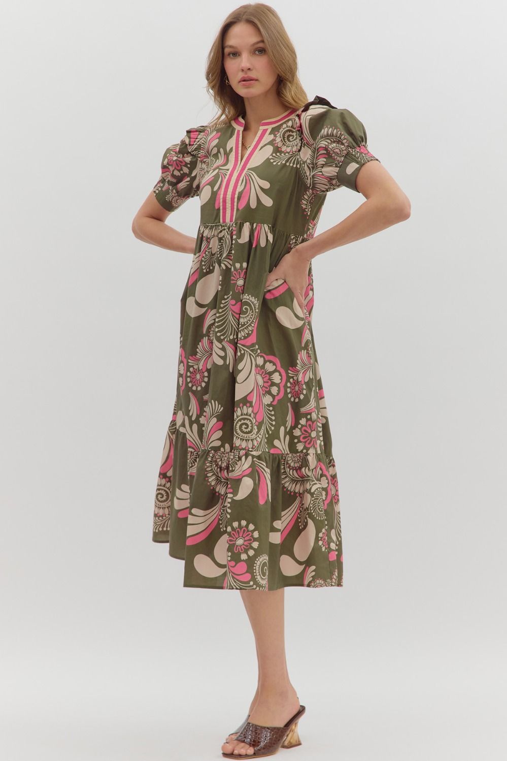 Olive Paisley Midi Featuring Multicolor Band V neck image 3