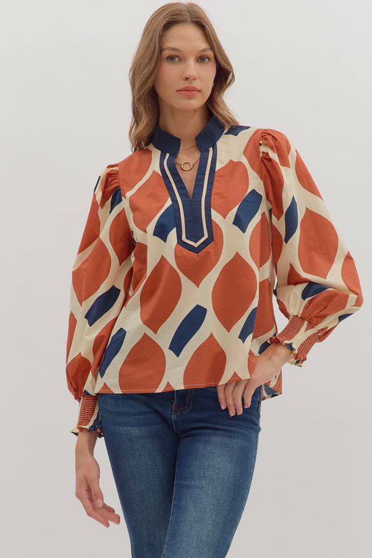 Rust/Navy LS abstract print top image 1