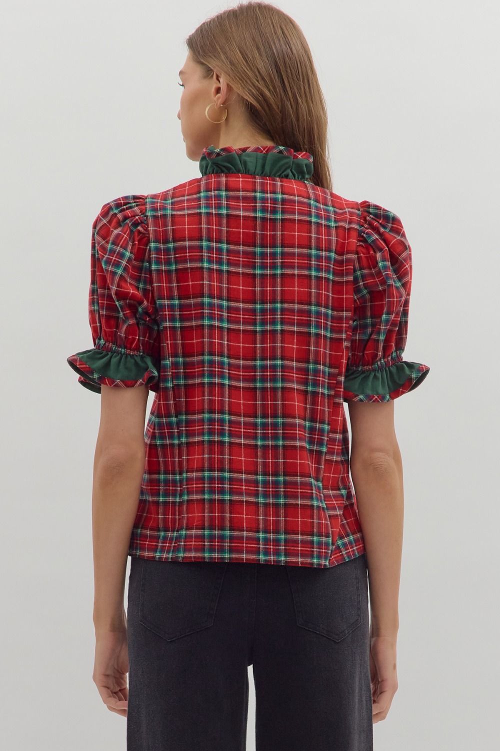 Red Plaid Puff Sleeve Christmas Top image 4