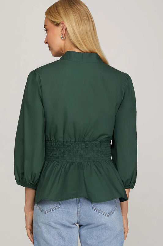 GREEN 3/4 SLEEVE SMOCKED WAIST FRONT ZIP TOP image 1