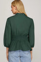 GREEN 3/4 SLEEVE SMOCKED WAIST FRONT ZIP TOP image 1