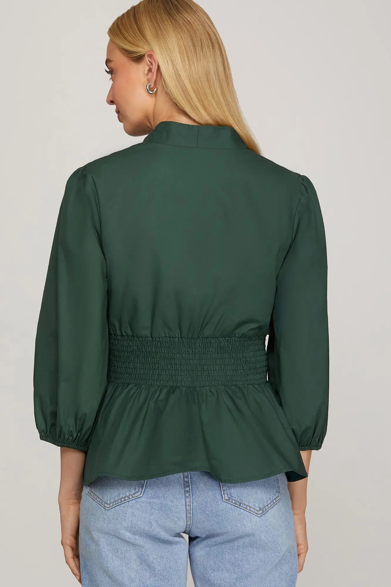 GREEN 3/4 SLEEVE SMOCKED WAIST FRONT ZIP TOP image 1