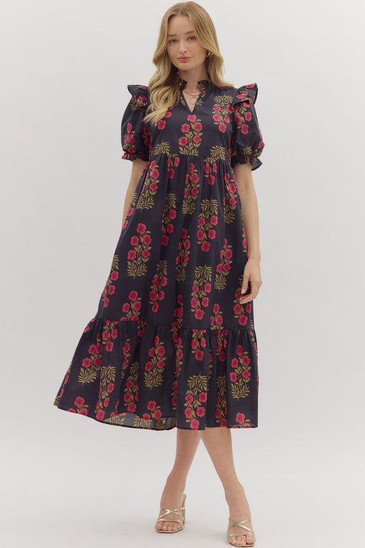 Black with Red Floral Midi image 1