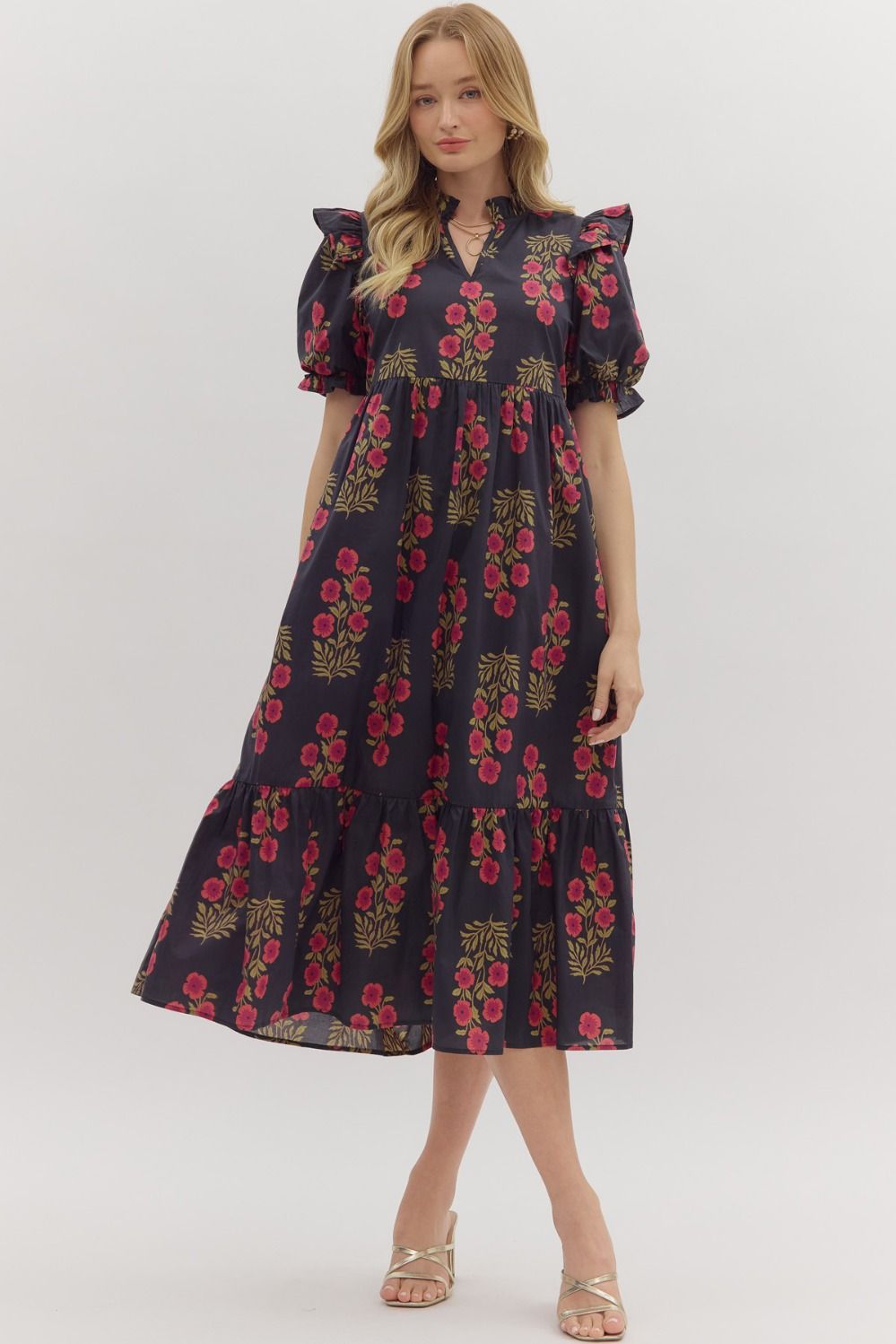 Black with Red Floral Midi image 1