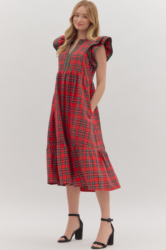 Red Plaid Flutter Sleeve Midi image 0