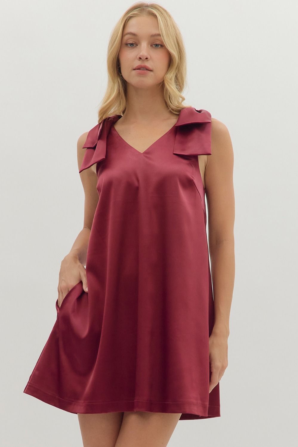Burgundy Satin Sleeveless Bow Detail image 1