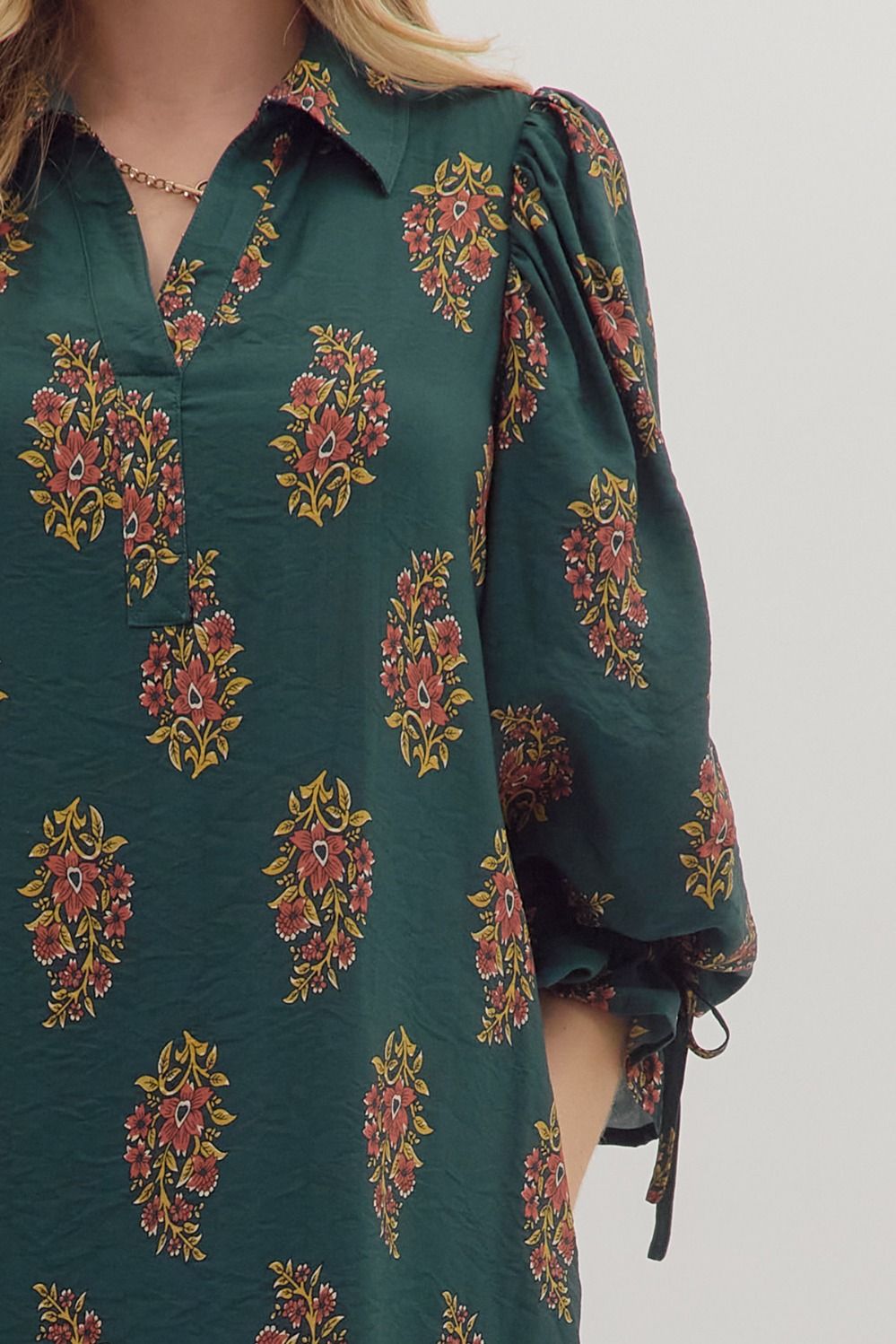 H Green Floral Puff Sleeve Mini Dress image 4