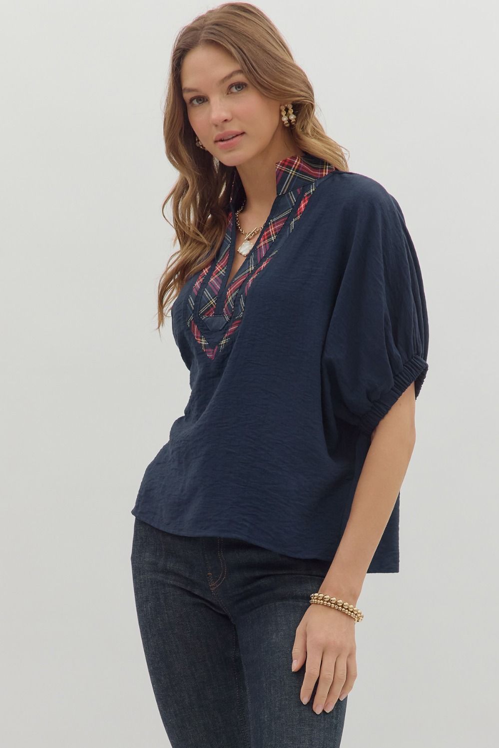 Navy Dolman Top Featuring Plaid Band Accent image 2