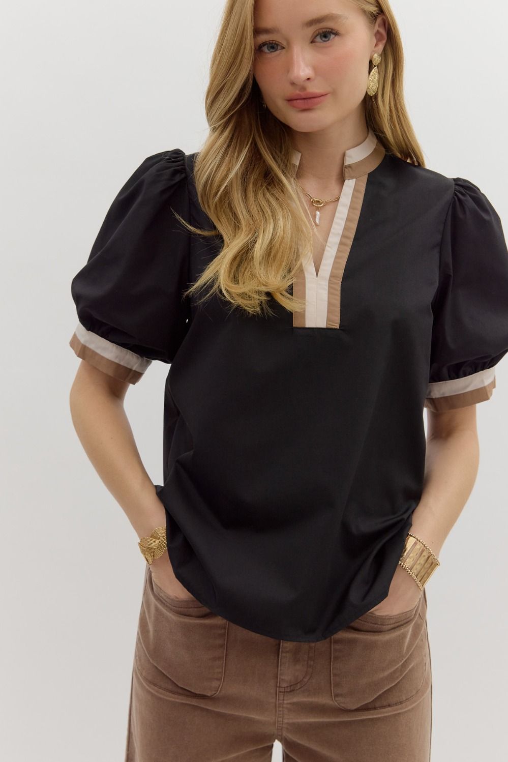 BLACK SOLID BUBBLE SLEEVE TOP WITH MULTICOLOR BAND image 1