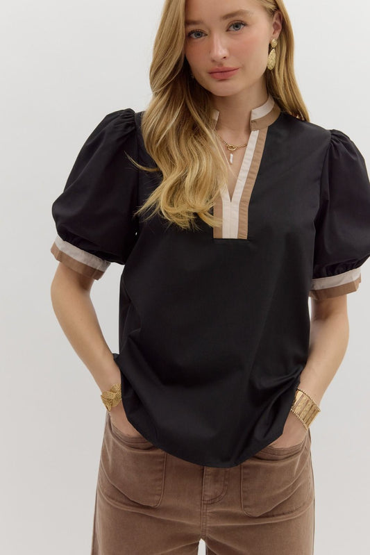 BLACK SOLID BUBBLE SLEEVE TOP WITH MULTICOLOR BAND image 1