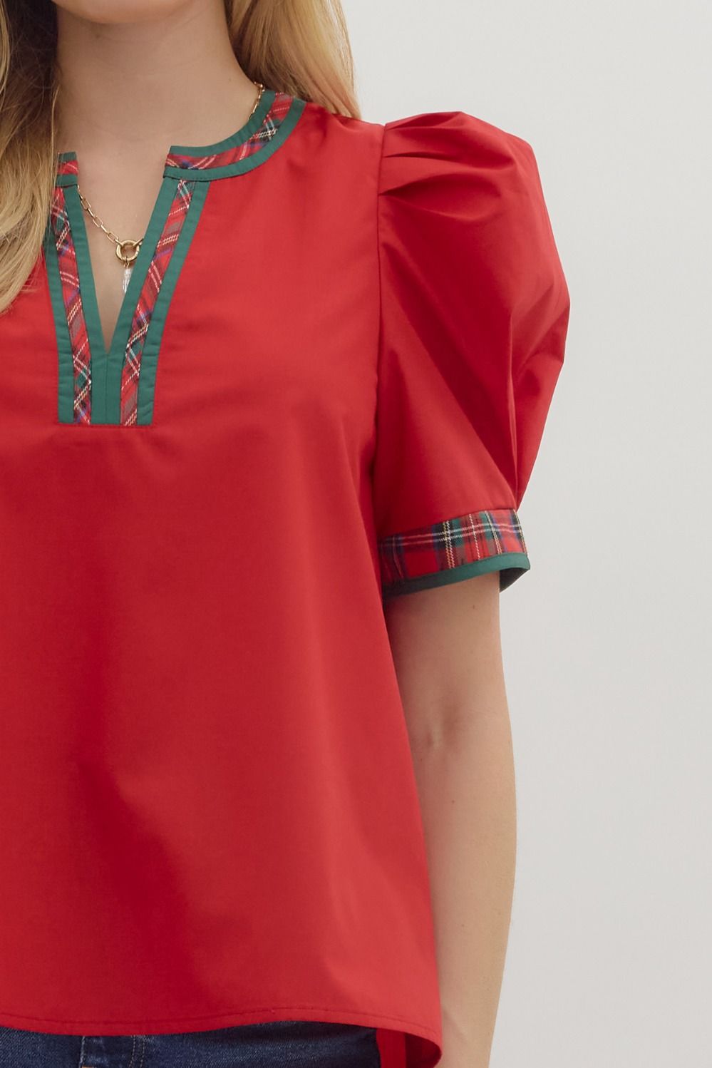 Red Solid Top with Plaid VNeck Band image 2