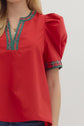 Red Solid Top with Plaid VNeck Band image 2