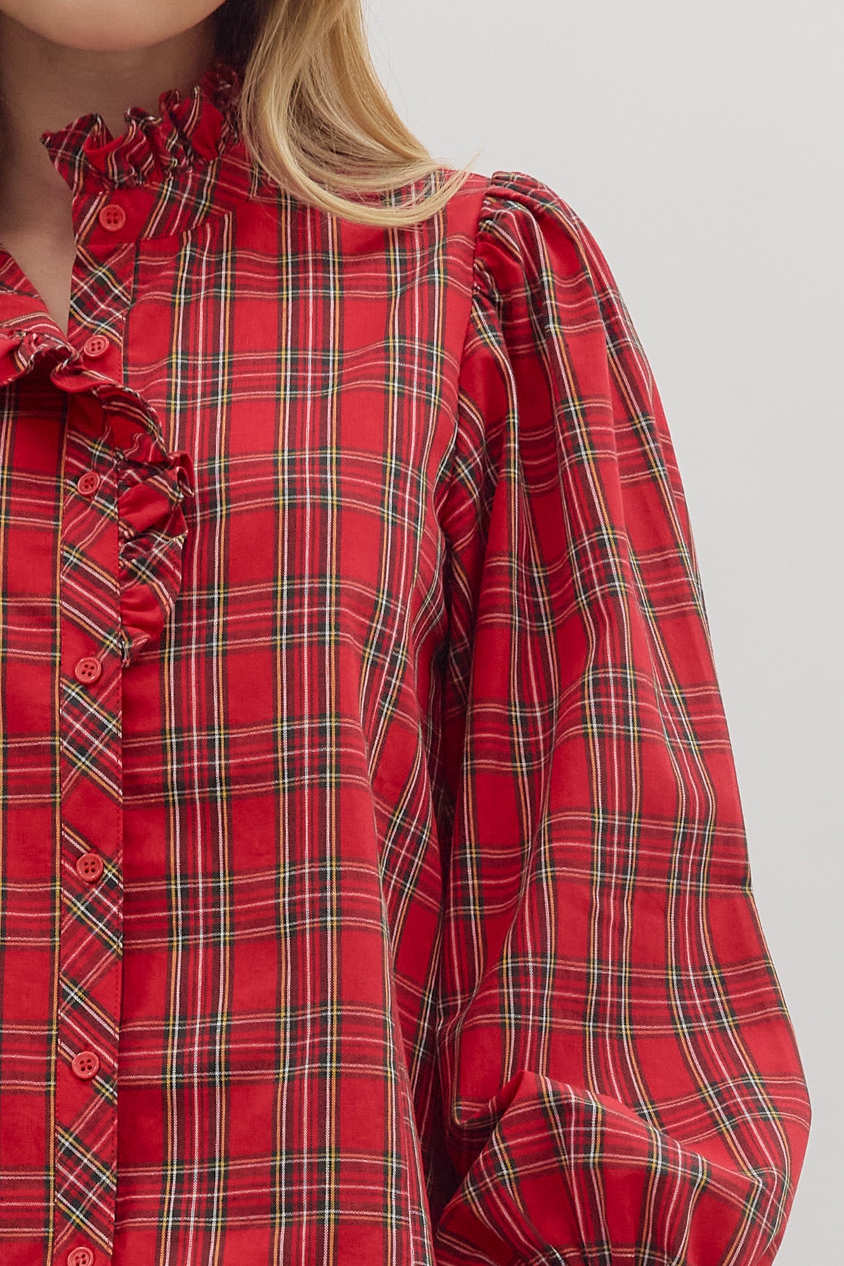 RED PLAID MOCK NECK LONG SLEEVE TOP image 3