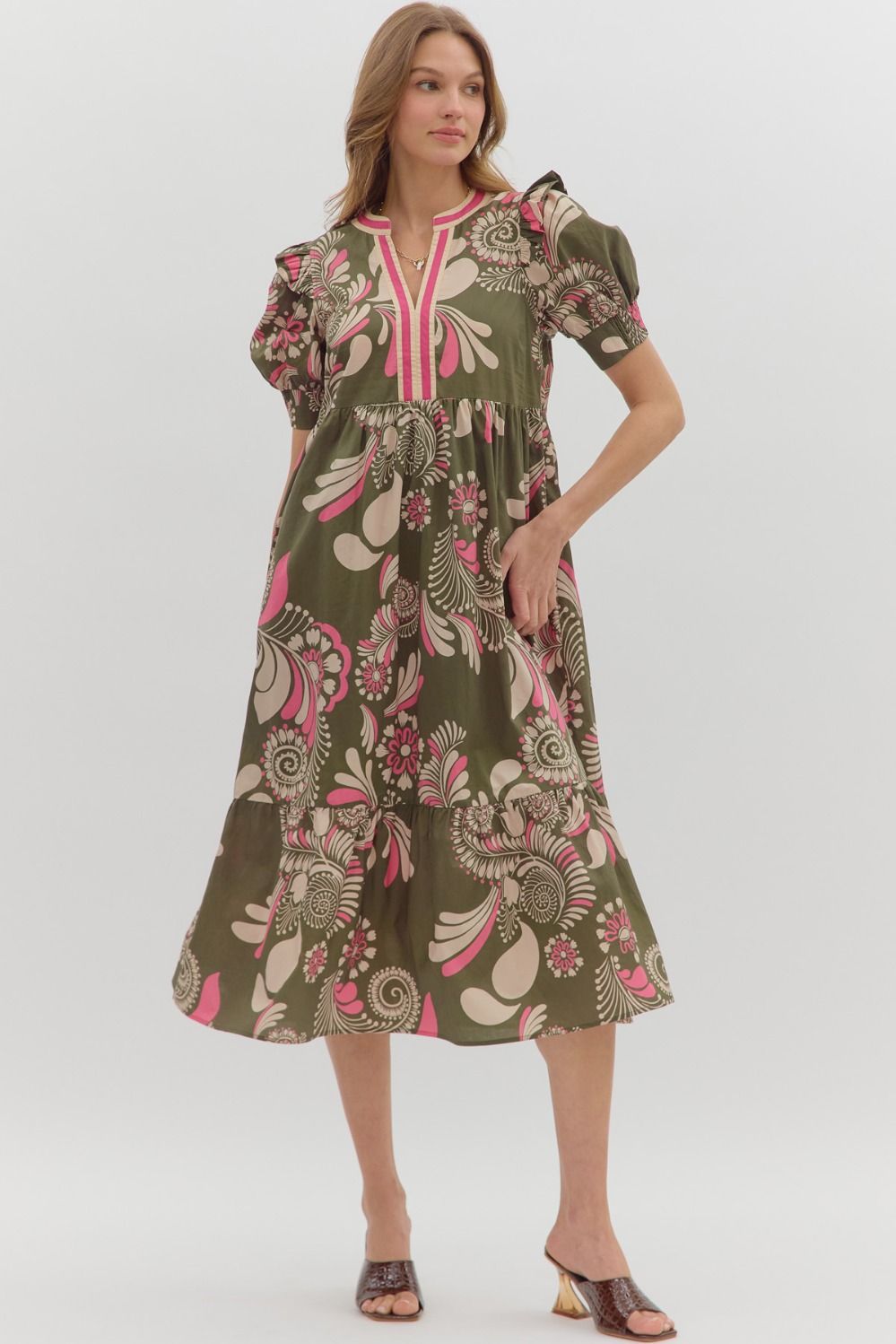 Olive Paisley Midi Featuring Multicolor Band V neck image 2