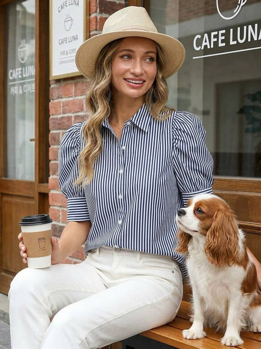 Stripe Print Collared Neck Short Puff Sleeve Blouse