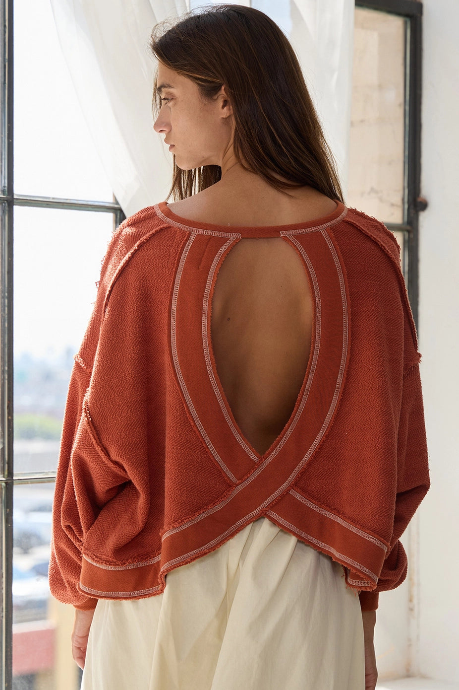RUST OVERLAP OPEN BACK OVERSIZED REVERSE STICH TOP image 2