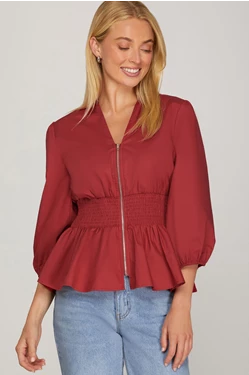 RED 3/4 SLEEVE SMOCKED WAIST FRONT ZIP TOP image 0