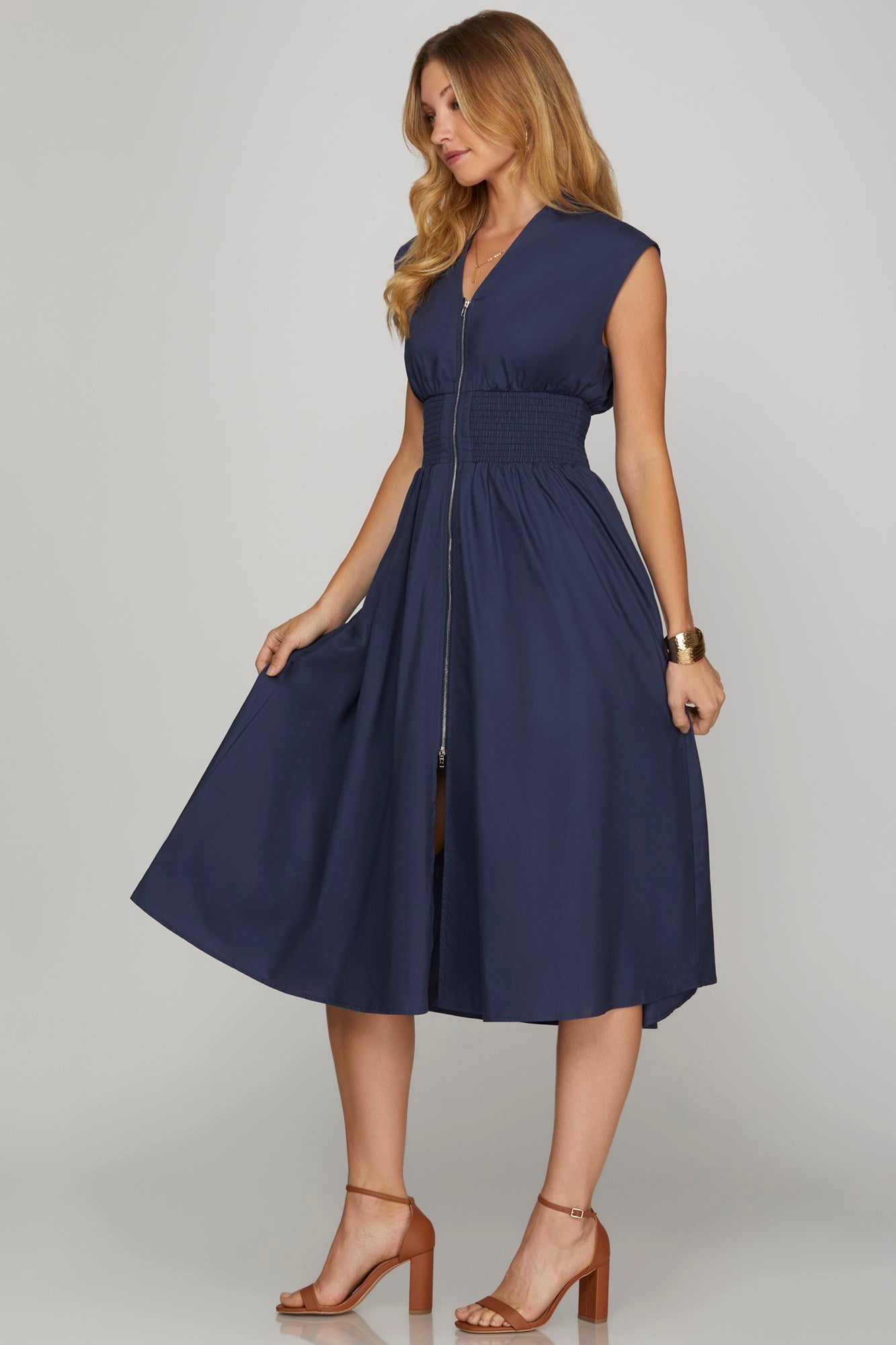 NAVY SLEEVELESS FRONT ZIP MIDI DRESS image 0