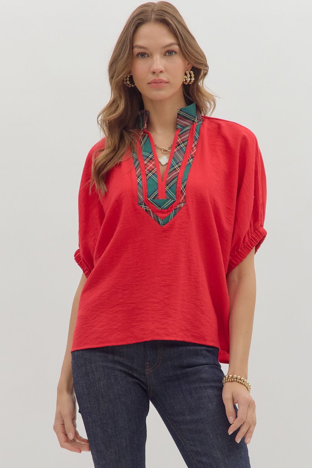 Red Dolman Top Featuring Plaid Band Accent image 0